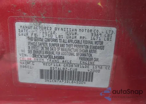 2013 Nissan Versa 1.6 Sv from USA, damaged, VIN 3N1CN7AP3DL845004